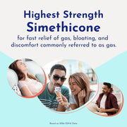 Advertisement for highest strength simethicone with people enjoying ice cream and a woman lying down, text about gas relief.