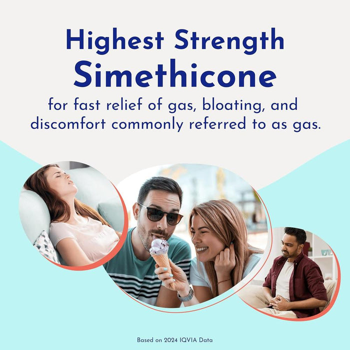 Advertisement for highest strength simethicone with people enjoying ice cream and a woman lying down, text about gas relief.