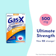Gas-X Ultimate Strength supplement packaging with 500 mg label on a light blue and white background