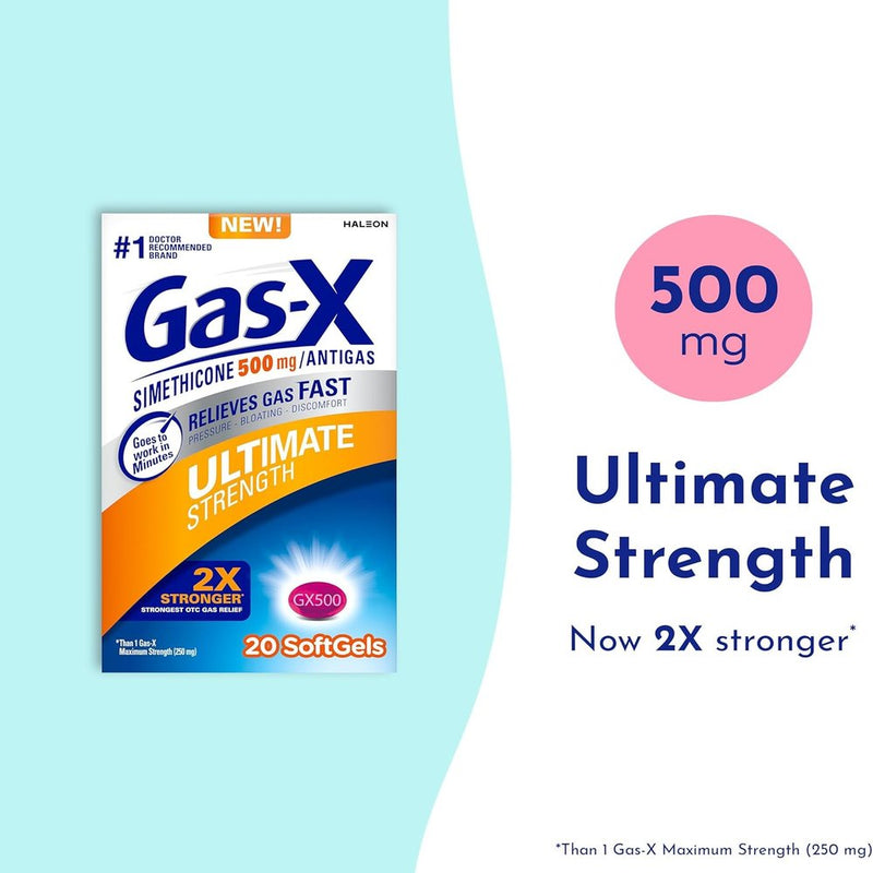 Gas-X Ultimate Strength supplement packaging with 500 mg label on a light blue and white background