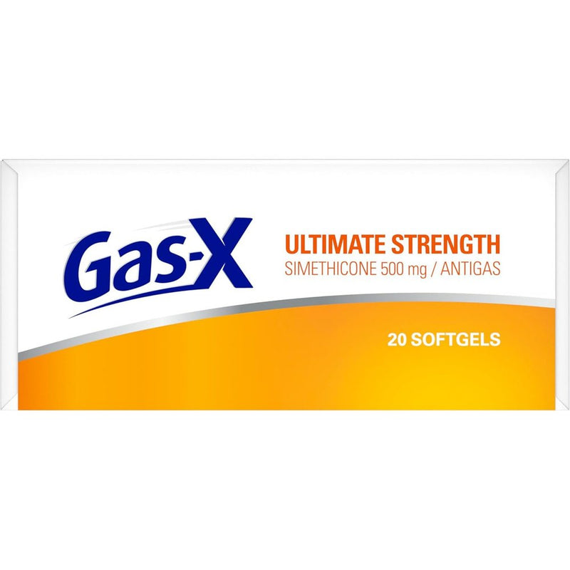 Gas-X Ultimate Strength simethicone softgels packaging on a white background