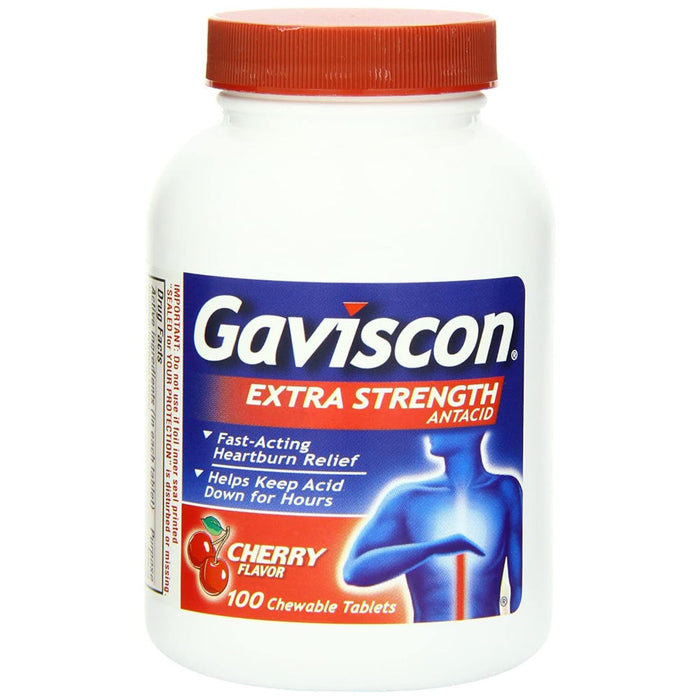 Gaviscon Extra Strength Antacid Chewable 100 Tablets Cherry Flavor In Front Of White Background 