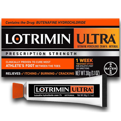 A box and tube of Lotrimin Ultra 1 oz  antifungal cream for athlete's foot, shown on a clean white background. The packaging features black, white, and orange color blocking with clear text detailing the active ingredient butenafine hydrochloride.