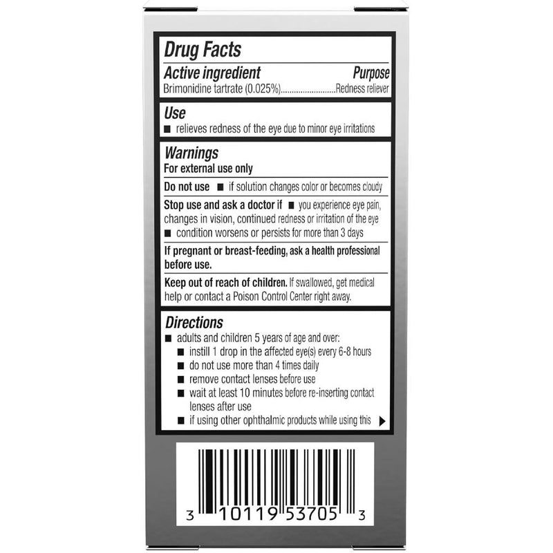 The back of a Bausch & Lomb Lumify eye  drops 2.5 ml  Brimonidine Tartrate Ophthalmic Solution 0.025% Redness Reliever Eye Drops box showing a black and white Drug Facts label with text for Brimonidine tartrate and a barcode.