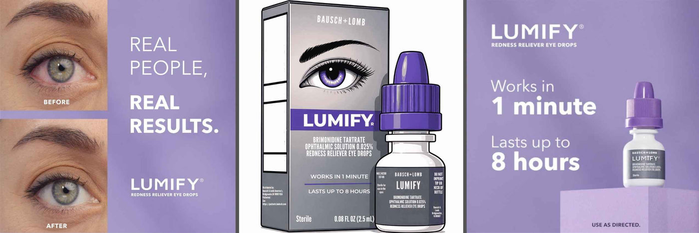 LUMIFY eye drops packaging and bottle shown on a purple background, alongside before-and-after eye photos demonstrating lash growth. Text reads 'REAL PEOPLE, REAL RESULTS.