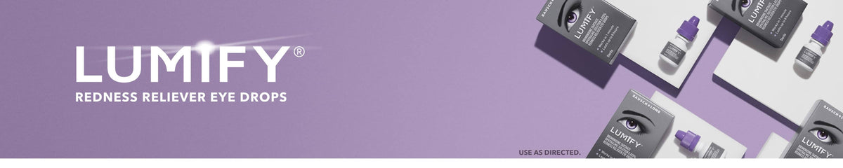 LUMIFY Redness Reliever Eye Drops packaging layout on a lavender background, showing multiple gray and purple bottles and boxes with the LUMIFY brand name and product text.