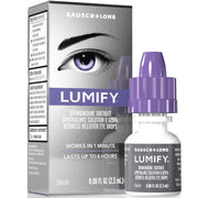 Bausch & Lomb Lumify 2.5 ml  Brimonidine Tartrate Ophthalmic Solution 0.025% Redness Reliever Eye Drops, showing the silver and white retail box with a purple eye graphic alongside the clear bottle with a purple dropper cap.