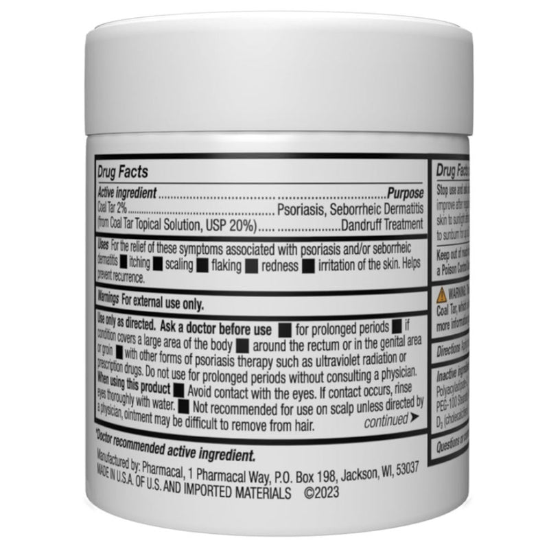 A white plastic jar of Mg217 Multi-Symptom 2% Coal Tar Ointment with a white cap, showing the detailed Drug Facts label on a white background.