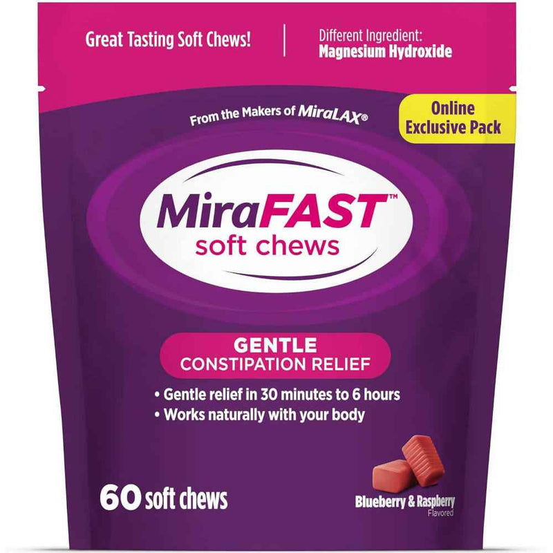 MiraFAST Soft Chews Gentle Constipation Relief 60 In Front Of White Backround