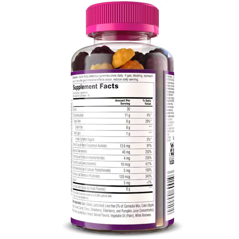 A clear MiraFibre gummies bottle with a bright pink cap, shown from the back to display the Supplement Facts label. Dark brown gummies are visible inside the bottle, and the label lists ingredients and dosage information.
