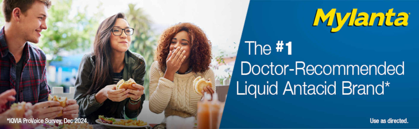 Friends share a meal outdoors as a woman laughs; Mylanta ad calls it the #1 doctor-recommended liquid antacid brand, with a warm, upbeat tone.