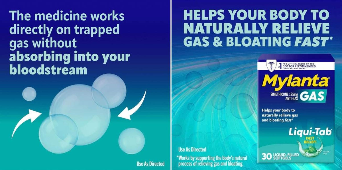 A promotional graphic for Mylanta Gas lSOFTGELS gastroreticular inhibitor, showing text claims on the left and a product box on the right against blue and teal backgrounds.