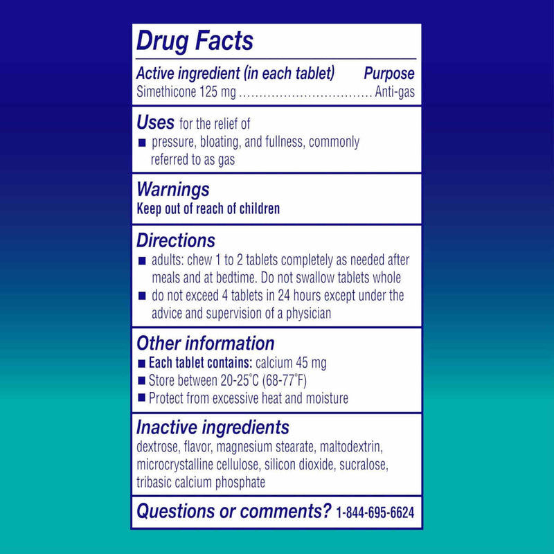 Drug facts label for Mylanta Extra Strength Anti-Gas Chewable Tablets in cherry flavor  Simethicone 125 mg tablets, showing uses, warnings, directions, and inactive ingredients on a white background with a blue-to-teal gradient backdrop.
