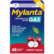 Mylanta Extra Strength Anti-Gas Chewable Tablets box in cherry flavor, featuring a blue and teal background with a red bottom section, yellow brand logo, and cherry illustrations.