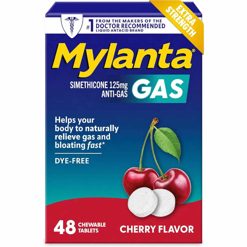 Mylanta Extra Strength Anti-Gas Chewable Tablets box in cherry flavor, featuring a blue and teal background with a red bottom section, yellow brand logo, and cherry illustrations.