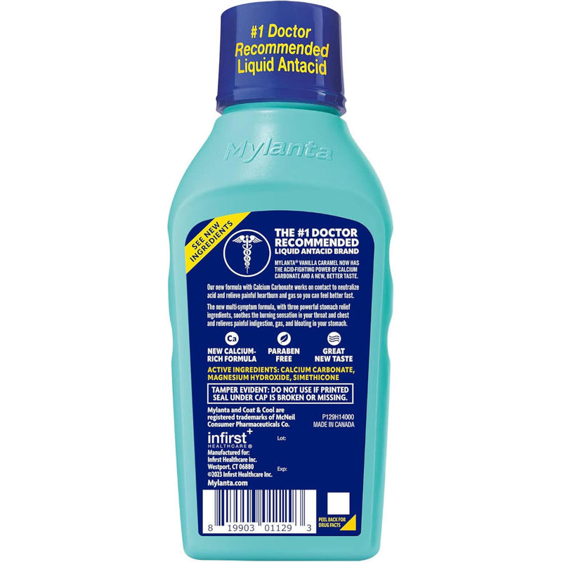 Mylanta Maximum Strength Antacid And Anti Gas Liquid Vanilla Caramel Flavour 12 Oz Usage Instructions On Reverse OF Product Bottle