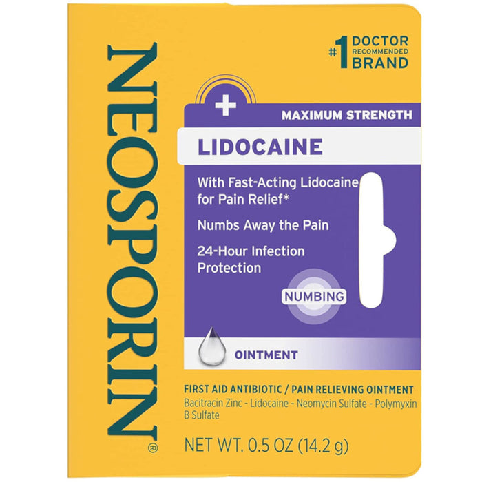 Neosporin Plus Lidocaine Anitbiotic Ointment 0.5 Oz In Front Of White Background