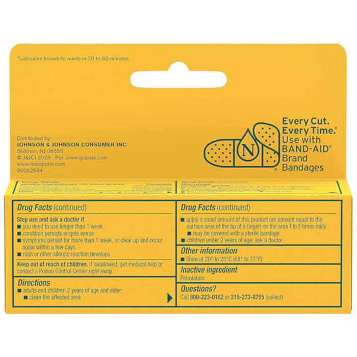 Neosporin Plus Lidocaine Anitbiotic Ointment 0.5 Oz Usage Instructions On Reverse Of Product Packaging In Front Of White Background