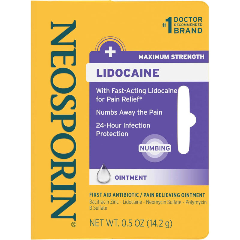 Neosporin plus lidocaine ointment packaging with yellow and purple design