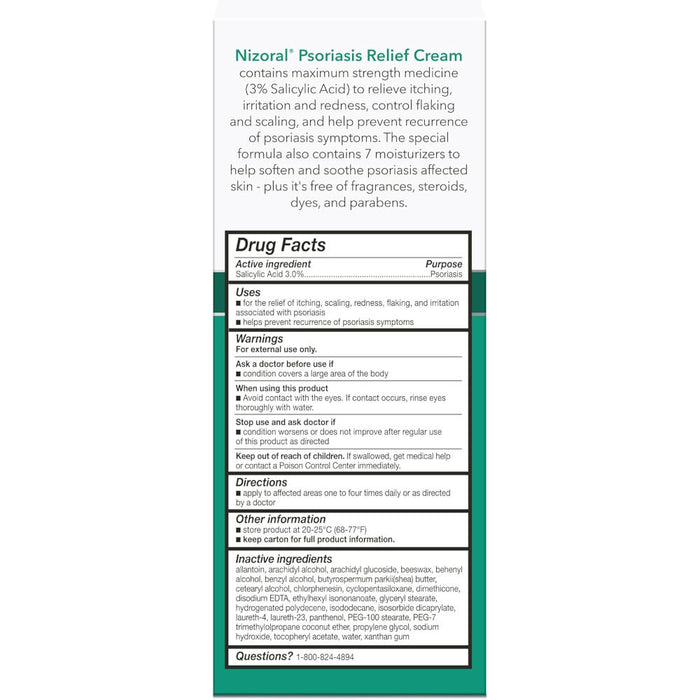 Nizoral Psoriasis Relief Cream Salicylic Acid 3% 4 Oz Usage Instructions On Reverse Of Outer Packaging