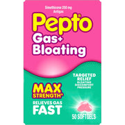 Pepto Gas+ Bloating Max Strength softgel packaging box, featuring a bright pink top half and a teal-green bottom half with bold yellow and white text.