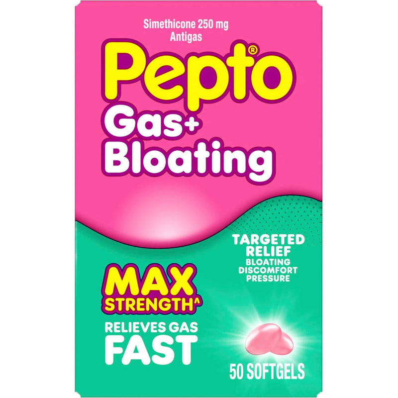 Pepto Gas+ Bloating Max Strength softgel packaging box, featuring a bright pink top half and a teal-green bottom half with bold yellow and white text.