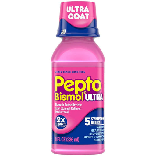 Pepto Bismol Ultra Liquid 8 Oz In Front Of White Background
