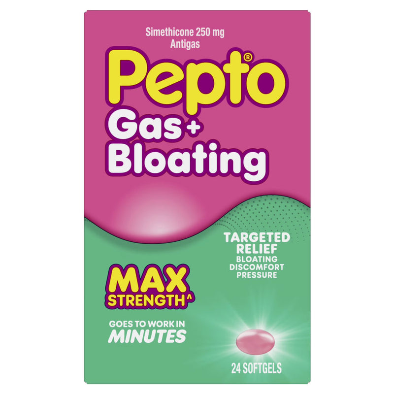 Pepto Gas + Bloating Max Strength antacid box, 24 softgels. The packaging features a bright pink top half and a green bottom half with yellow and white text.