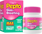 Pepto Gas+ Bloating Max Strength antacid softgels shown with a white bottle and matching retail box on a plain white background.