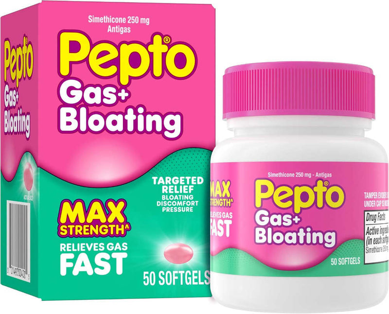 Pepto Gas+ Bloating Max Strength antacid softgels shown with a white bottle and matching retail box on a plain white background.