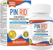PINRID 24 chewable pinworm medicine packaging with bottle and box on a white background