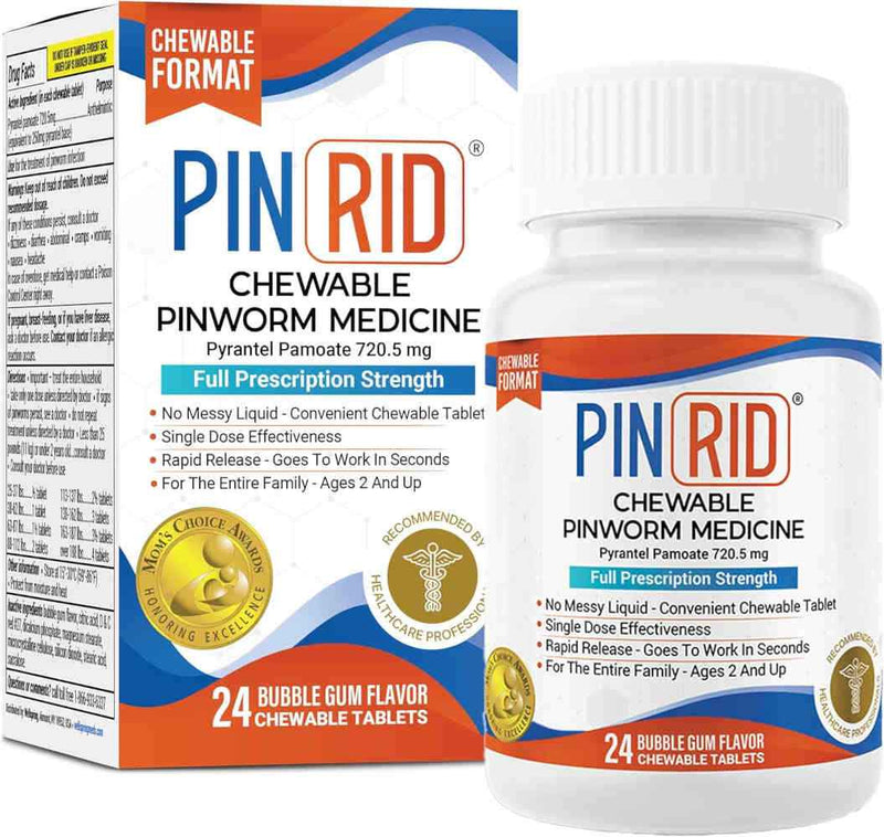 PINRID 24 chewable pinworm medicine packaging with bottle and box on a white background