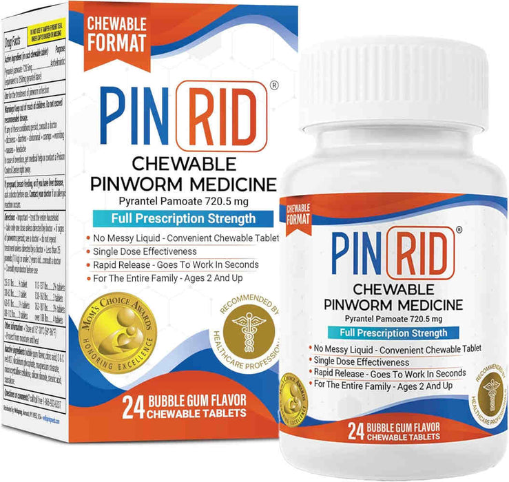 PINRID 24 chewable pinworm medicine packaging with bottle and box on a white background