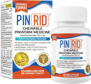 PINRID 12 chewable pinworm medicine packaging and bottle on a white background