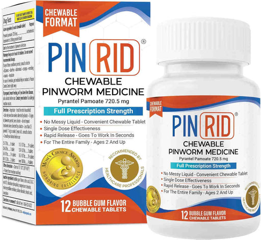 PINRID 12 chewable pinworm medicine packaging and bottle on a white background