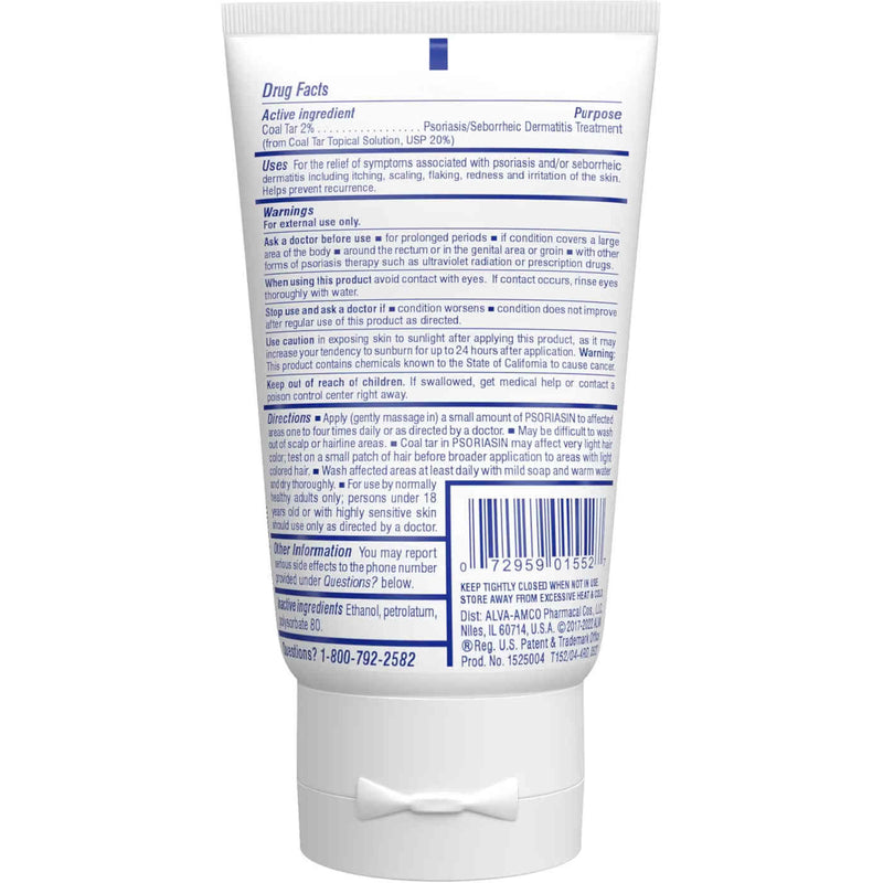 The back of a white plastic tube of Psoriasin Deep Moisturizing Ointment showing detailed drug facts, warnings, and directions in black text, photographed against a white background.