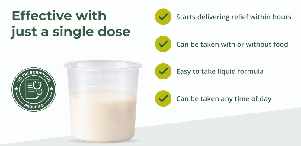 A clear plastic formula cup filled with Reeses PinwormLiquid , shown on a white background with marketing text and green checkmarks. The text reads: 'Effective with just a single dose' and lists benefits such as starting delivering relief within hours, being taken with or without food, easy to take liquid formula, and can be taken any time of day.
