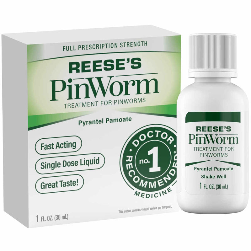 Reese's PinWorm treatment 1 Oz for pinworms shown as a white and green retail box alongside a matching white bottle with a ribbed cap on a plain white background.