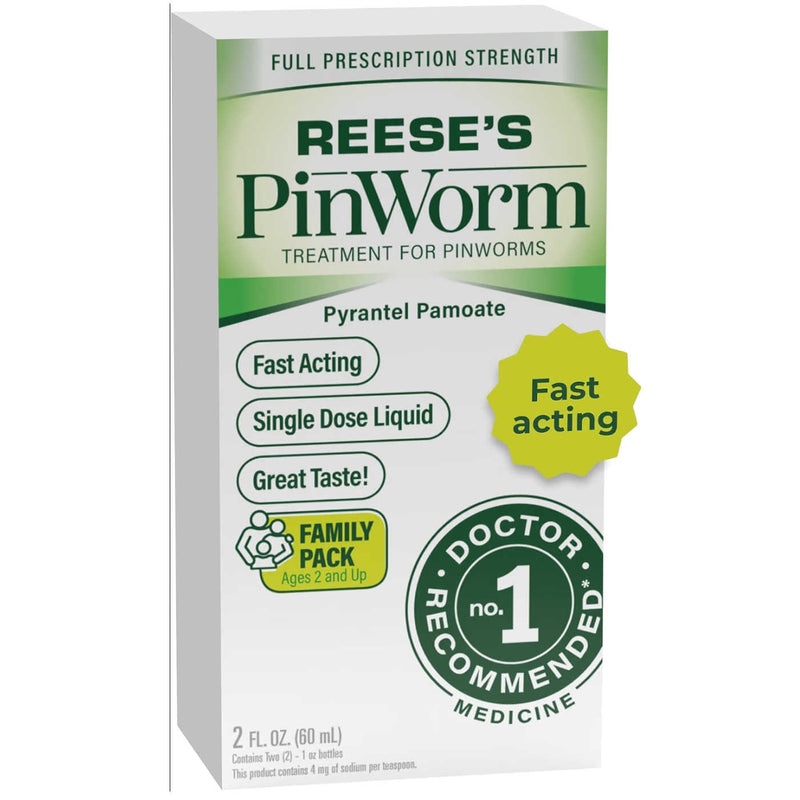 Reese's PinWorm treatment 2 Oz for pinworms medicine box, featuring a white and green design with a yellow 'Fast acting' badge.