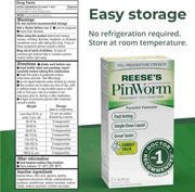 Reese's PinWorm Treatment for Pinworms, featuring a 2 fl oz box of Pyratylamine Pamoate. The packaging is white and green with yellow accents, shown alongside its white and green outer box and a black and white Drug Facts panel.