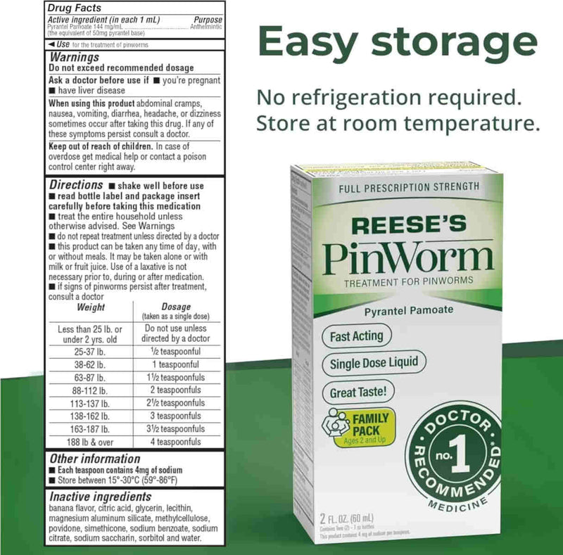 Reese's PinWorm Treatment for Pinworms, featuring a 2 fl oz box of Pyratylamine Pamoate. The packaging is white and green with yellow accents, shown alongside its white and green outer box and a black and white Drug Facts panel.