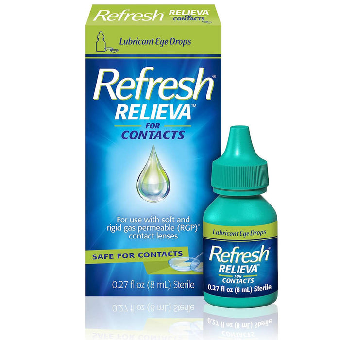Refresh Relieva For Contacts Lubricant Eye Drops 0.27 Fl Oz Outer Packaging And Bottle In Front Of White Background