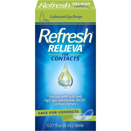 Refresh Relieva For Contacts Lubricant Eye Drops 0.27 Fl Oz Outer Packaging In Front Of White Background.