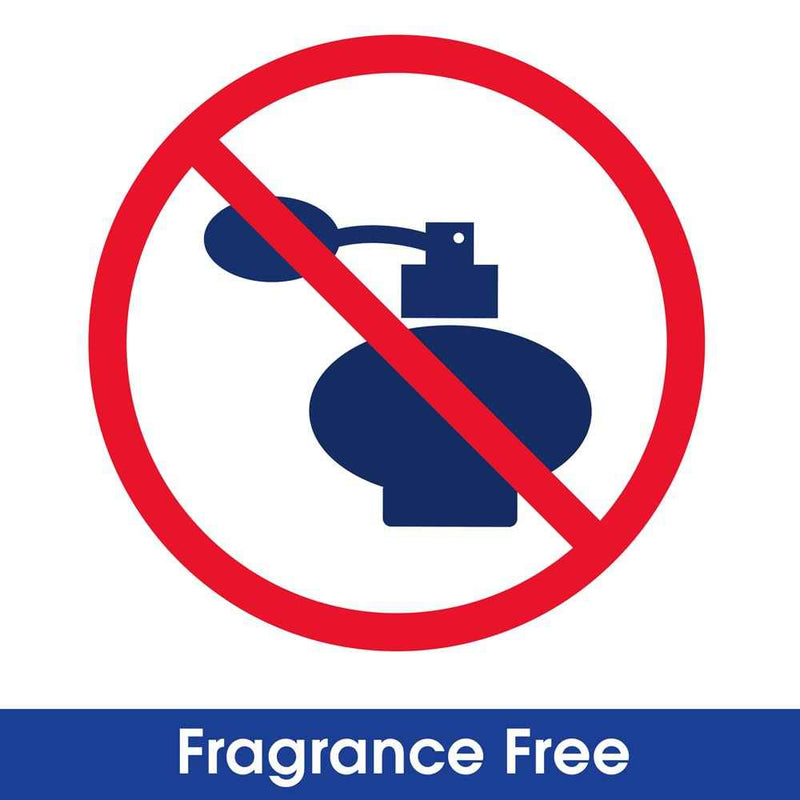 A 'Fragrance Free' sign featuring a red prohibition symbol over a dark blue perfume bottle icon, with the text 'Fragrance Free' on a blue banner at the bottom.