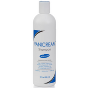 A 12 fl oz white plastic bottle of Vanicream Shampoo with blue and black text and graphic accents, shown on a clean white background.