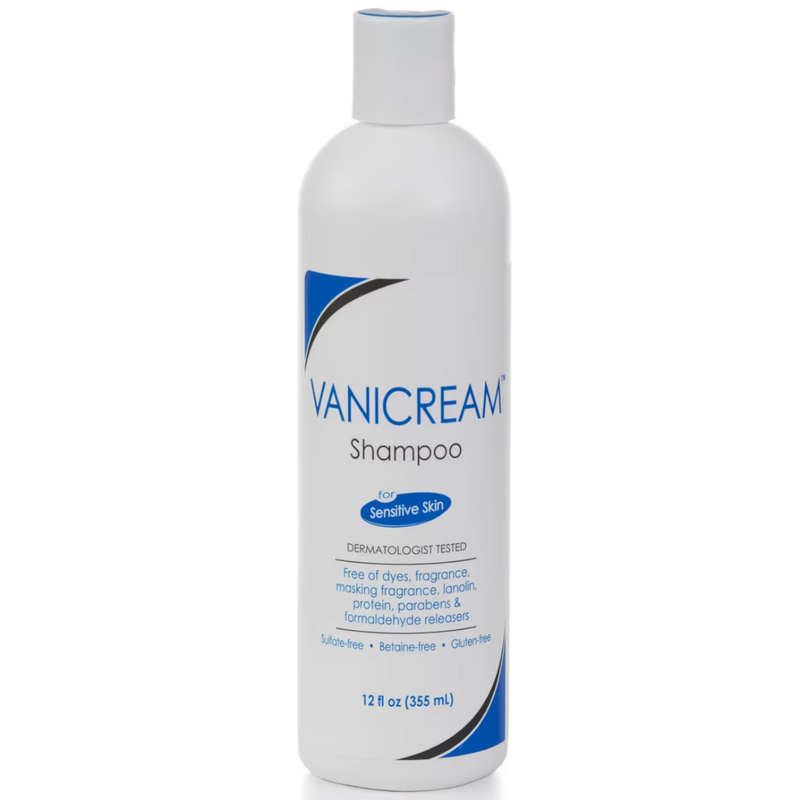 A 12 fl oz white plastic bottle of Vanicream Shampoo with blue and black text and graphic accents, shown on a clean white background.