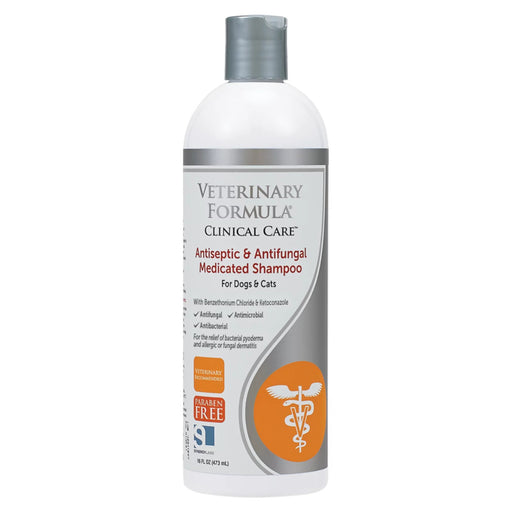 Veterinary Formula Clinical Care Antiseptic And Antifungal Shampoo 16 Oz In Front Of White Background