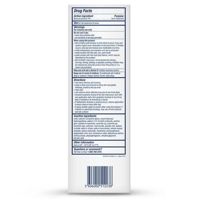 CeraVe Acne Foaming Cleanser 5 Oz ingredients list and directions of use on reverse of outer packaging