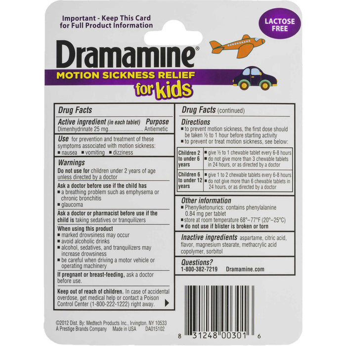 Dramamine Chewable Motion Sickness Relief for Kids, Grape, 8 Count