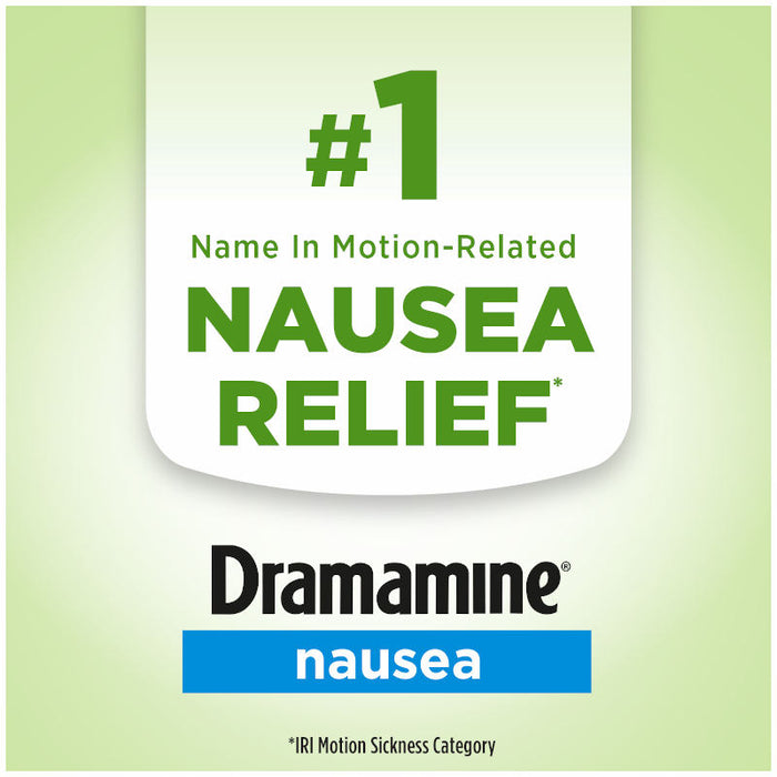 Dramamine Nausea Long Lasting 10 Tablets Banner that reads number 1 in nausea relief.